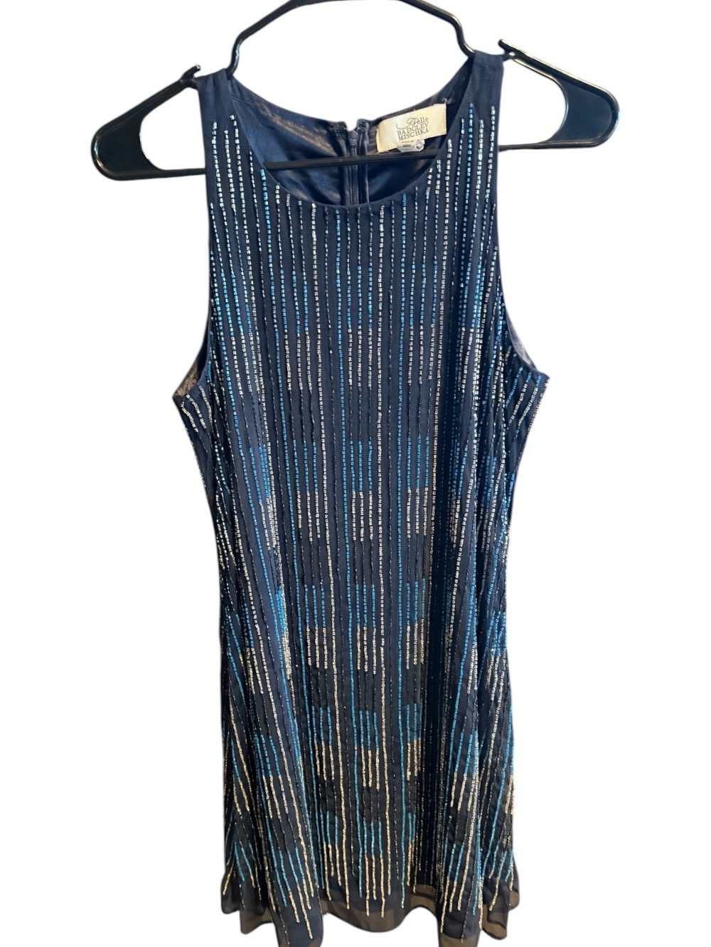 Badgley Mischka Navy Blue Sequined Sleeveless Mini Dress